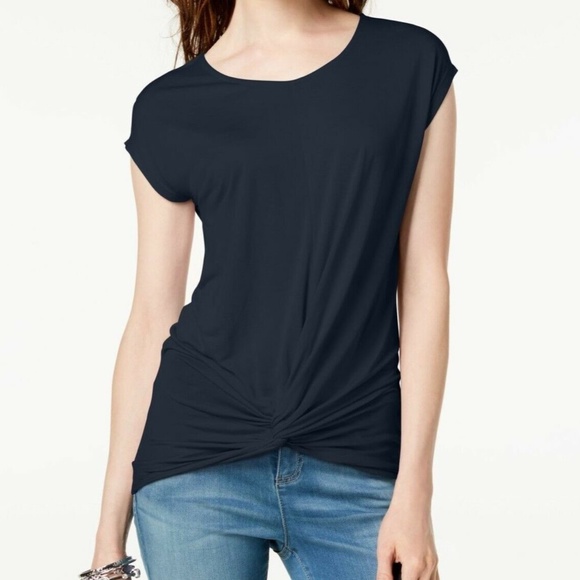 INC Women's Deep Black Short Sleeve Twist Front Hem Basic Top XS NWT - Picture 2 of 5
